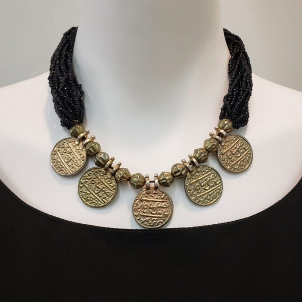 VINTAGE Multistrand Black Beaded Tribal Golden Coin Necklace